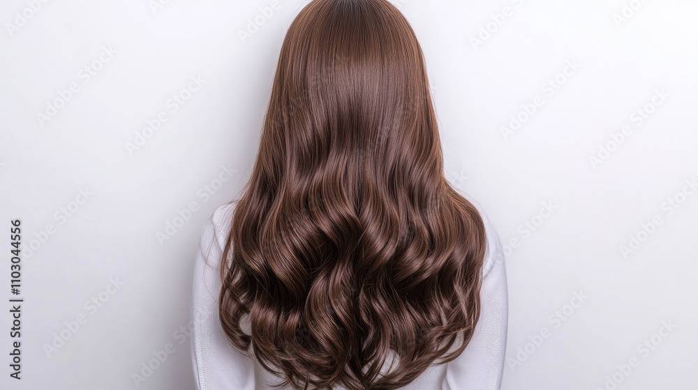 Obraz premium Lustrous chocolate brown wig with soft waves displayed against a white background, highlighting the beauty of human hair extensions for women.