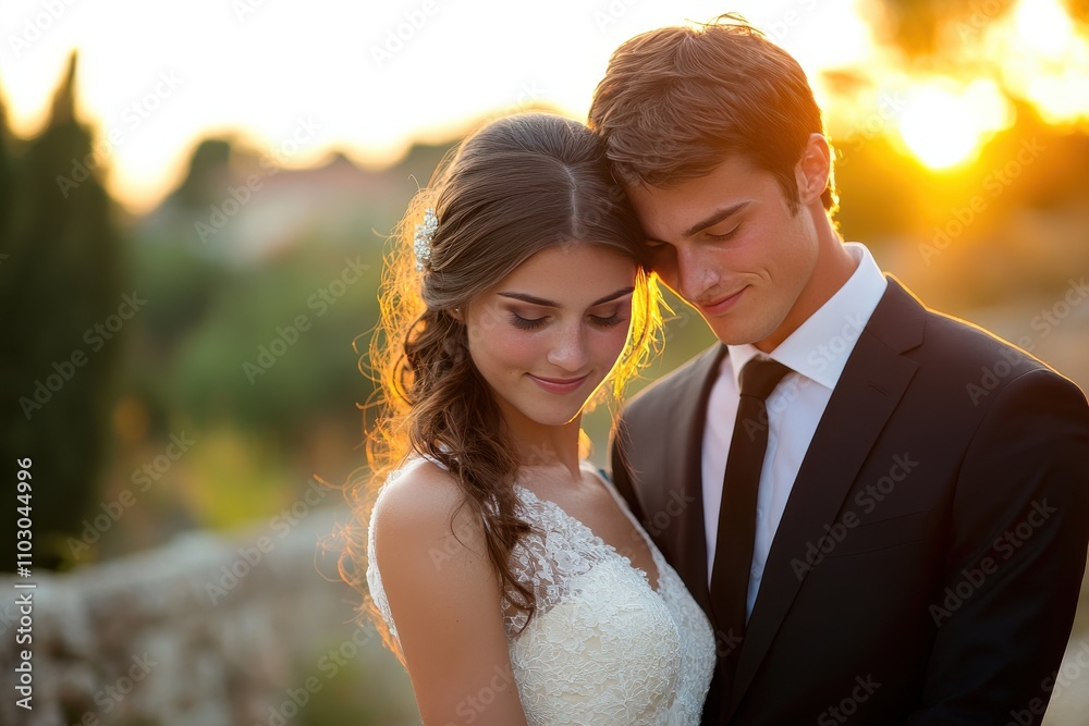 A couple is embracing each other in front of a sunset A couple is embracing each other in front of a sunset