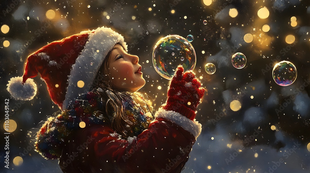 Girl blowing bubbles on snowy day,New Year blowing bubbles Girl blowing bubbles on snowy day,New Year blowing bubbles