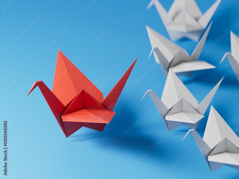 Different business concept.new ideas. paper art style. creative idea.red leader swan, standing out from the crowd of white swans.3D rendering on blue background. Different business concept.new ideas. paper art style. creative idea.red leader swan, standing out from the crowd of white swans.3D rendering on blue background.