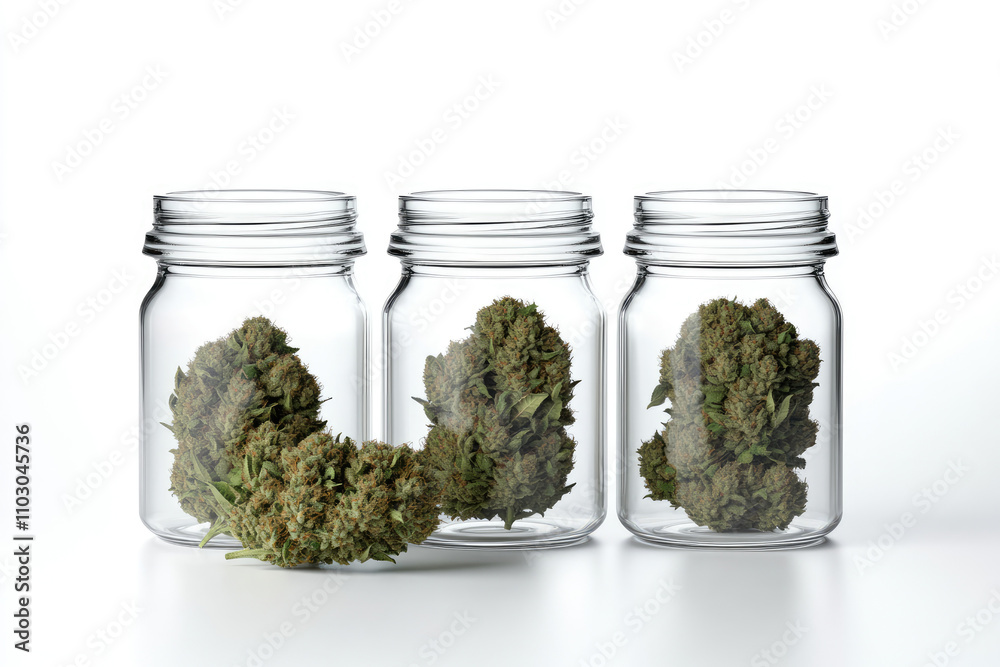 Assorted cannabis strains in glass jars, showcasing a variety of textures, colors, and aromas for medical use, emphasizing quality and selection Assorted cannabis strains in glass jars, showcasing a variety of textures, colors, and aromas for medical use, emphasizing quality and selection