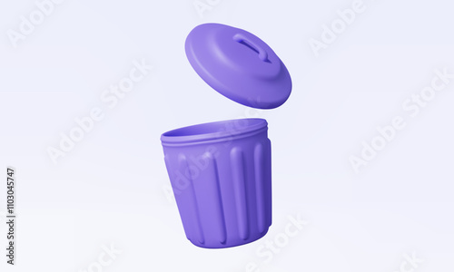 Open lid purple bin floating on isolated white background. 3D vector icon trash environment garbage home or office plastic waste pollution dustbin clean cartoon style illustration