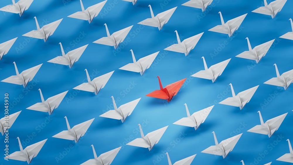 Different business concept.new ideas. paper art style. creative idea. red leader swan, standing out from the crowd of white swans.3D rendering on blue background. Different business concept.new ideas. paper art style. creative idea. red leader swan, standing out from the crowd of white swans.3D rendering on blue background.