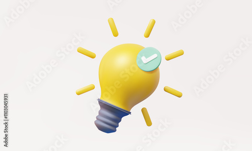 3D vector Yellow light bulb with Green correct mark verify isolated on pastel background. startup creativity idea technology innovation vision combine investment concept. illustration