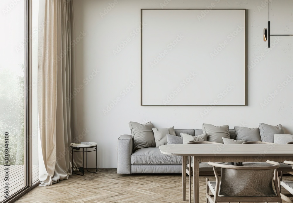 Modern living room interior with a dining area. sofa. coffee table. and two large blank frames on the wall Modern living room interior with a dining area. sofa. coffee table. and two large blank frames on the wall