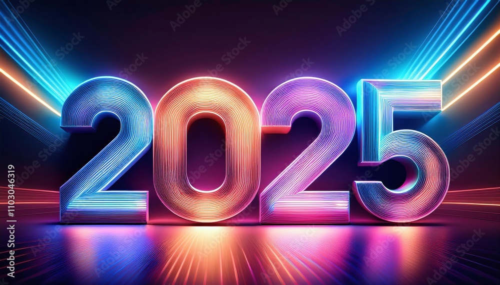 Neon 2025: A vibrant and futuristic vision of the year 2025, with glowing neon numbers set against a dynamic background of light streaks. perfect for concepts of new year, future, technology. Neon 2025: A vibrant and futuristic vision of the year 2025, with glowing neon numbers set against a dynamic background of light streaks. perfect for concepts of new year, future, technology.