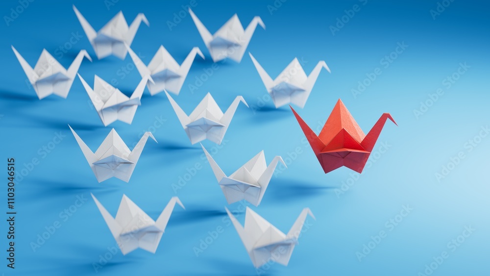 Different business concept.new ideas. paper art style. creative idea.red leader swan, standing out from the crowd of white swans.3D rendering on blue background. Different business concept.new ideas. paper art style. creative idea.red leader swan, standing out from the crowd of white swans.3D rendering on blue background.