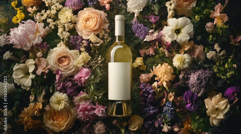Elegantly displayed white wine bottle nestled among a vibrant floral arrangement featuring delicate roses, peonies, and assorted colorful blooms. Elegantly displayed white wine bottle nestled among a vibrant floral arrangement featuring delicate roses, peonies, and assorted colorful blooms.