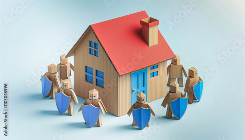 Cardboard house surrounded by soldiers with shields defending the house against criminals