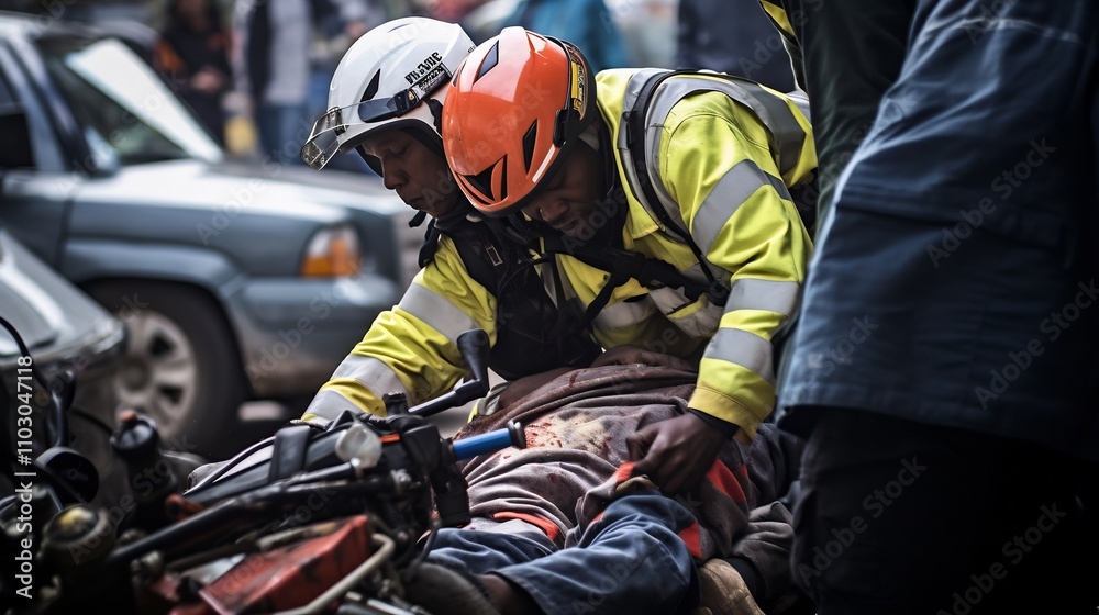 Paramedic Providing Emergency Medical Care and Stabilization to Patient Injured in Road Traffic Accident Rescue Paramedic Providing Emergency Medical Care and Stabilization to Patient Injured in Road Traffic Accident Rescue