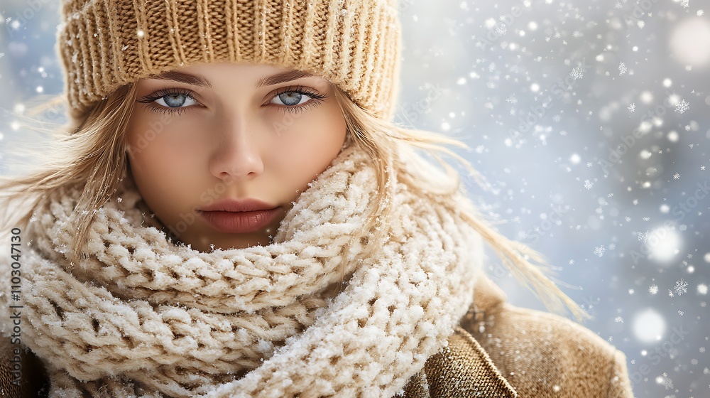 A fashionable winter outfit featuring a ribbed beanie, knitted scarf, and warm jacket, set against a snowy backdrop A fashionable winter outfit featuring a ribbed beanie, knitted scarf, and warm jacket, set against a snowy backdrop