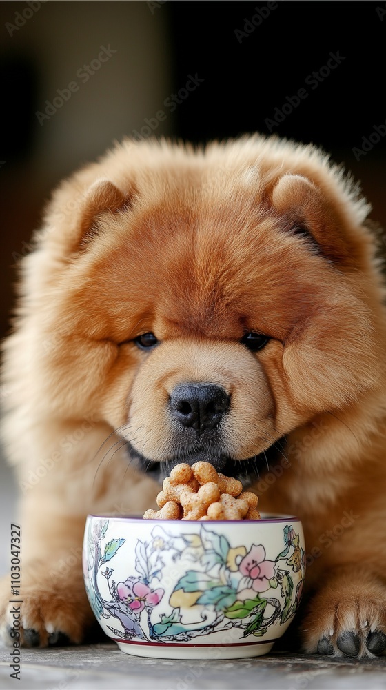 Chow Chow dog brown with fluffy soft fur enjoying a treat from a cute, colorful bowl joyful happy food Chow Chow dog brown with fluffy soft fur enjoying a treat from a cute, colorful bowl joyful happy food