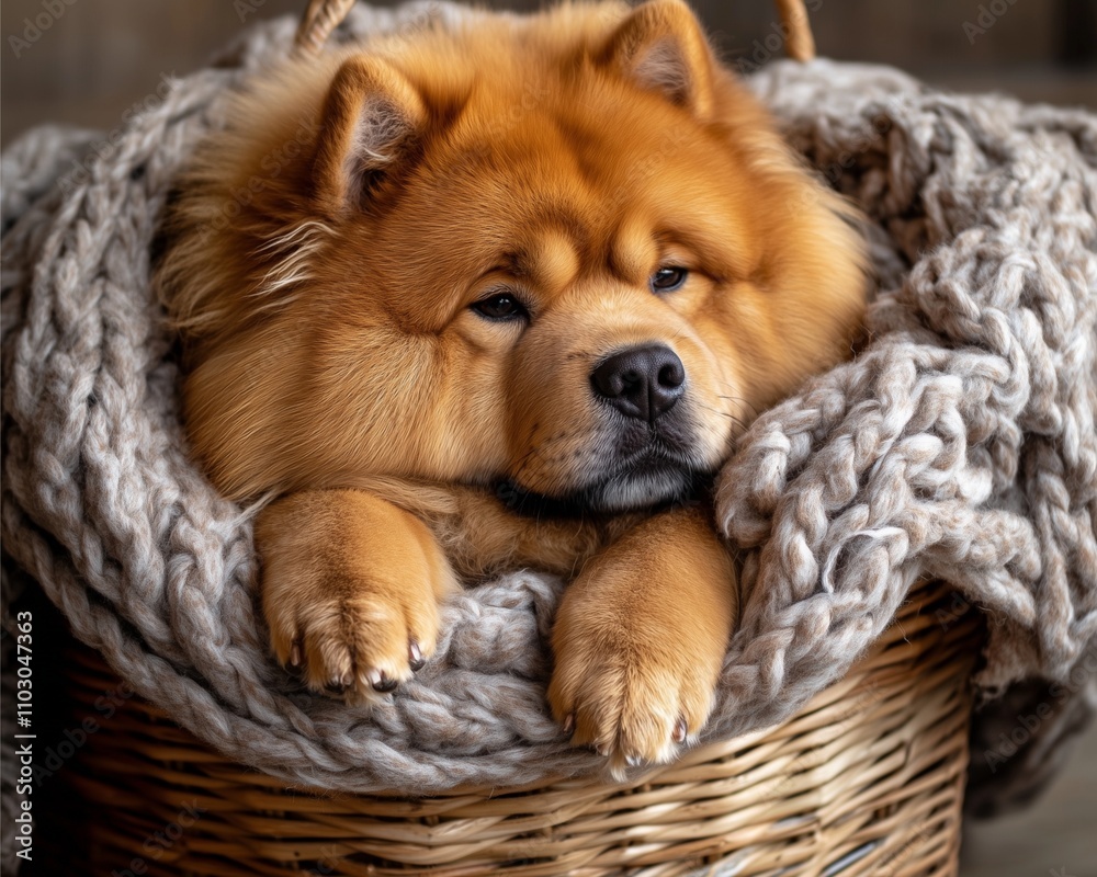 Chow Chow dog brown with fluffy soft fur curled up in a basket with a warm blanket winter warm Chow Chow dog brown with fluffy soft fur curled up in a basket with a warm blanket winter warm