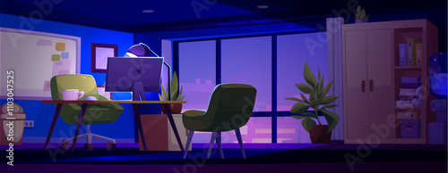 Evening or night office illuminated by desk lamp and neon purple city glow through windows. Cozy workspace with executive chairs, modern computer setup, indoor plants, storage cabinet and whiteboard.