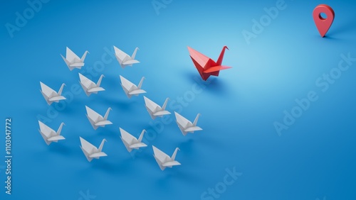 Paper swan are competing to destination. Business Financial concept are competition for success and corporate goal. start up.3D rendering on blue background.