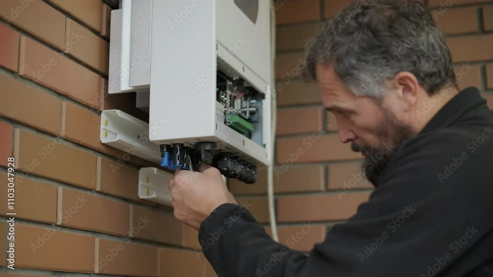 An electrician installing an inverter in a home. The image shows technical skill, modern tools, and attention to safety in electrical work An electrician installing an inverter in a home. The image shows technical skill, modern tools, and attention to safety in electrical work