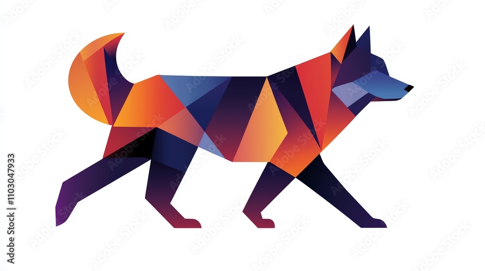 Obraz premium A vibrant, geometric illustration of a walking dog, showcasing a blend of colors and angular shapes for a modern artistic effect.