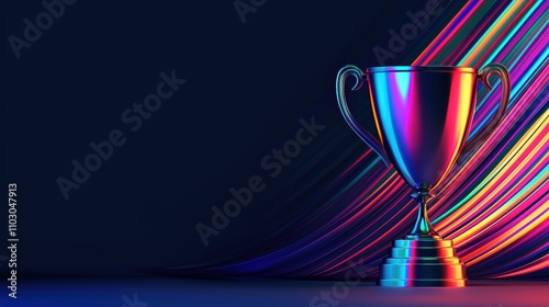Shiny trophy illuminated by bold neon colors dramatic lighting and abstract streaks creating a striking and celebratory gaming or esports theme