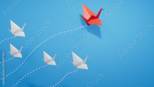 Individual red leader paper swan lead other. Business and leader swan concept. 3D illustration.3D rendering on blue background.