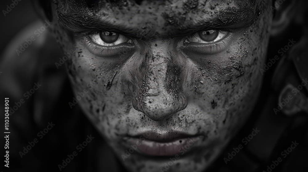 Determination and Resilience: Soldier's Gaze in Black and White - made with Generative AI Determination and Resilience: Soldier's Gaze in Black and White - made with Generative AI