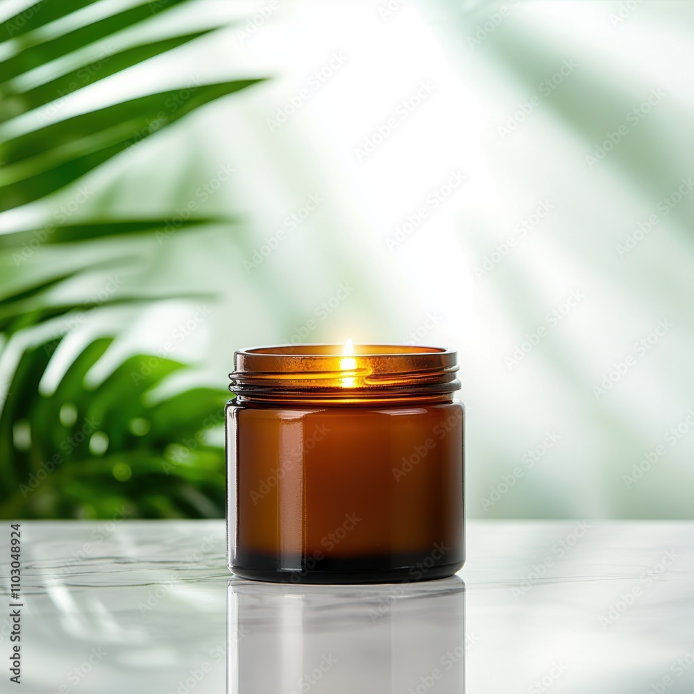 Warm glowing candle in an amber jar placed on a white marble table with blurred greenery soft and serene design emphasizing relaxation Warm glowing candle in an amber jar placed on a white marble table with blurred greenery soft and serene design emphasizing relaxation