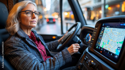 woman wearing glasses is driving SUV, focused on road ahead. interior features modern dashboard with navigation screen displaying map photo