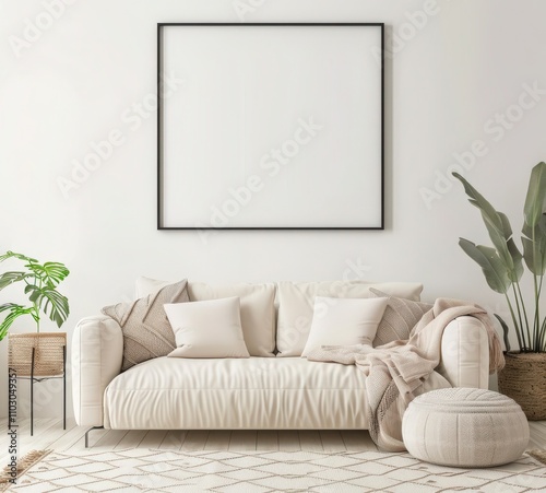 Two white chairs with a black frame. a small table with a black frame and a vase with dried flowers. a large white framed picture on the wall. in a white room with brown wooden floors