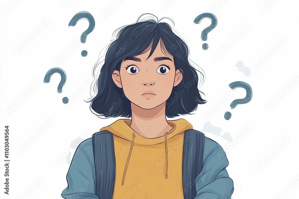 Confused man scratching his head as question marks float around him. Confused man scratching his head as question marks float around him.