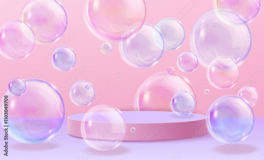 Transparent floating bubbles surrounding pink circular podium on pastel background. Realistic 3d platform with spheres with purple tinted reflections for product display or cosmetic advertising. Transparent floating bubbles surrounding pink circular podium on pastel background. Realistic 3d platform with spheres with purple tinted reflections for product display or cosmetic advertising.