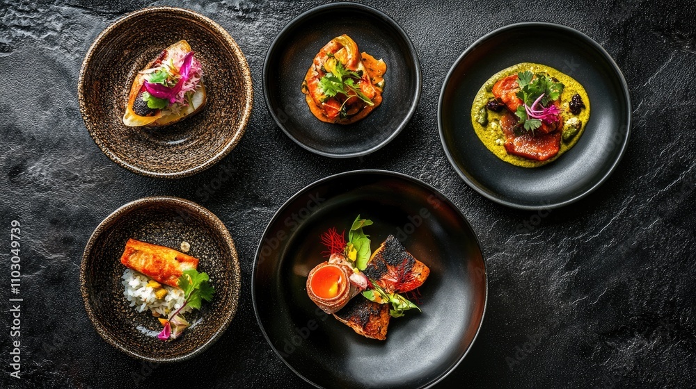 A vibrant assortment of Indian dishes displayed on dark textured plates, featuring colorful garnishes and rich culinary presentation A vibrant assortment of Indian dishes displayed on dark textured plates, featuring colorful garnishes and rich culinary presentation