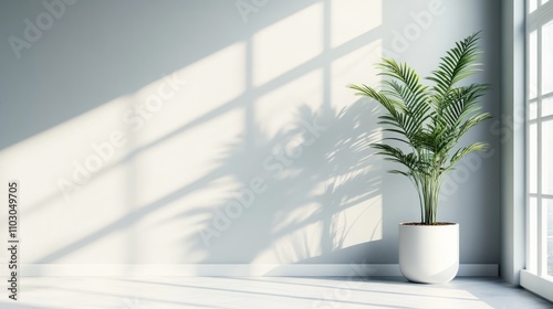 Minimalist interior with a decorative plant casting shadows from sunlight through large windows, emphasizing a serene and spacious ambiance.