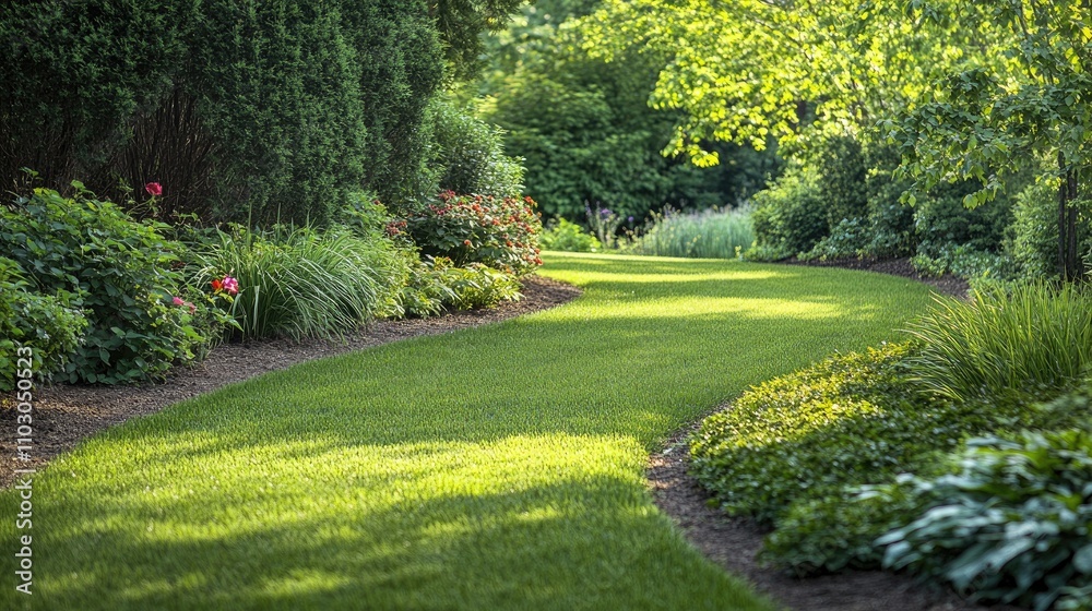 A winding pathway surrounded by vibrant green grass and colorful lush flowerbeds under dappled sunlight. A winding pathway surrounded by vibrant green grass and colorful lush flowerbeds under dappled sunlight.