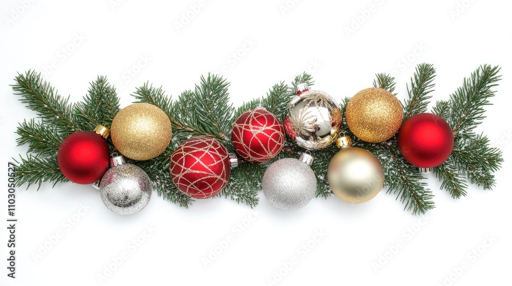 Festive holiday border with fresh fir branches adorned with red, gold, and silver ornaments on a white background, showcasing a flat lay design and ample space for text. Festive holiday border with fresh fir branches adorned with red, gold, and silver ornaments on a white background, showcasing a flat lay design and ample space for text.
