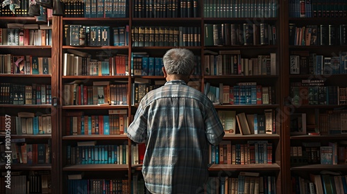 An elderly person browsing books in a cozy library filled with shelves of literature.