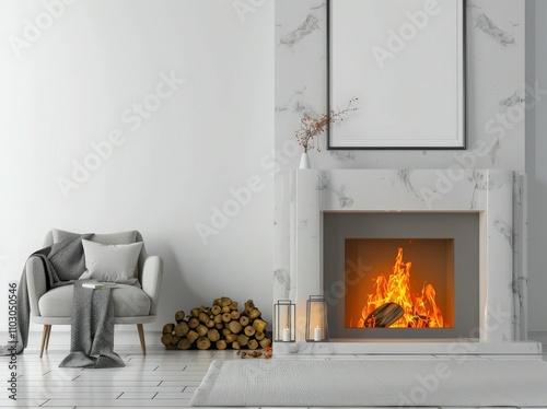 A cozy living room with a fireplace. a white sofa. and a large blank frame for art or a poster The room is decorated with a wicker basket. a vase with a branch. and white decor photo