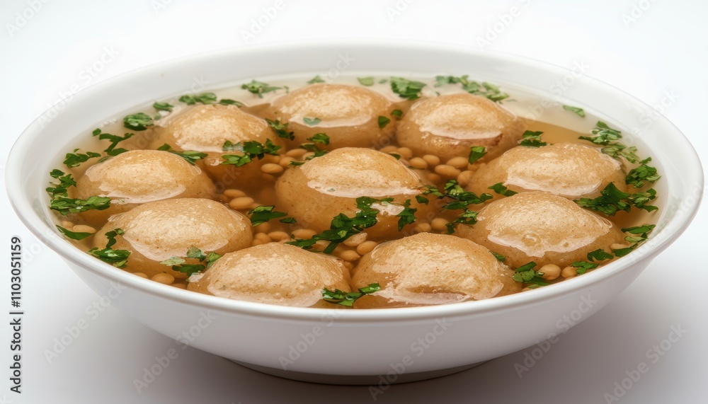 Neatly arranged pani puri filled with spiced lentils and herbs in a white bowl vibrant golden texture highlighting traditional street food elegance Neatly arranged pani puri filled with spiced lentils and herbs in a white bowl vibrant golden texture highlighting traditional street food elegance