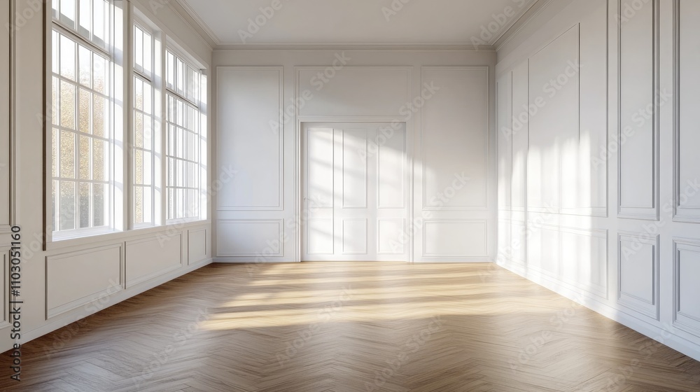 Scandinavian style mockup of an empty room featuring white walls and wooden herringbone flooring, ideal for interior design presentations with natural light.