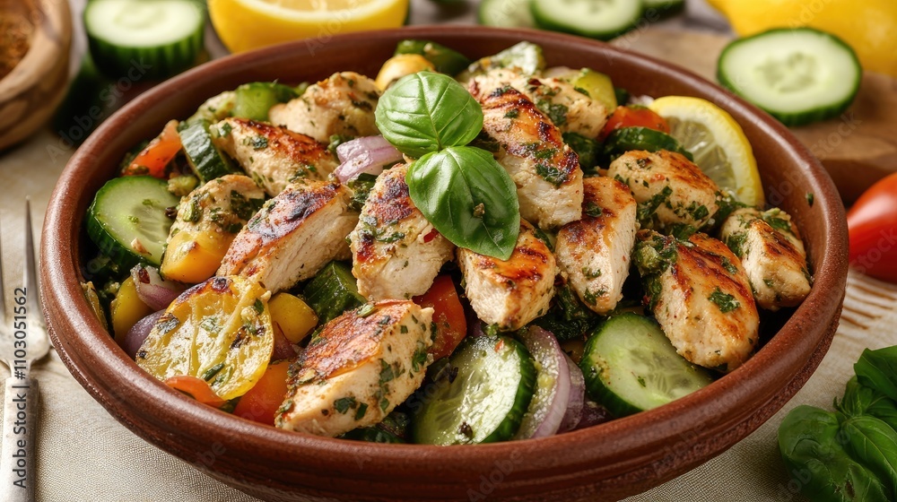 Grilled chicken salad with fresh vegetables and herbs served in a brown bowl, topped with basil, lemon halves, cucumber slices, red onion rings, and green sauce. Grilled chicken salad with fresh vegetables and herbs served in a brown bowl, topped with basil, lemon halves, cucumber slices, red onion rings, and green sauce.