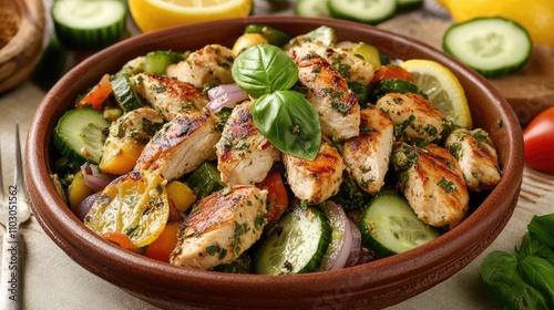 Grilled chicken salad with fresh vegetables and herbs served in a brown bowl, topped with basil, lemon halves, cucumber slices, red onion rings, and green sauce.