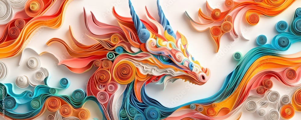 Fototapeta premium Intricate Paper Quilling Dragon Art Colorful Abstract Fantasy Creature Design