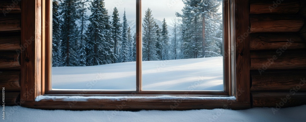 Obraz premium Cozy Cabin Window View Winter Wonderland Snow Covered Landscape Pine Trees