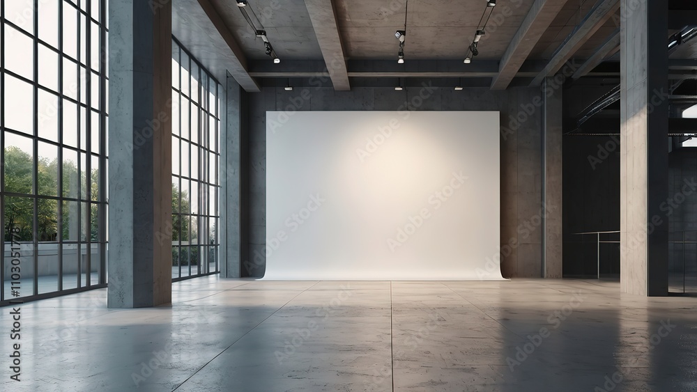 Blank white exhibition screen in modern hall. 3D Rendering, 8k Resolution Blank white exhibition screen in modern hall. 3D Rendering, 8k Resolution