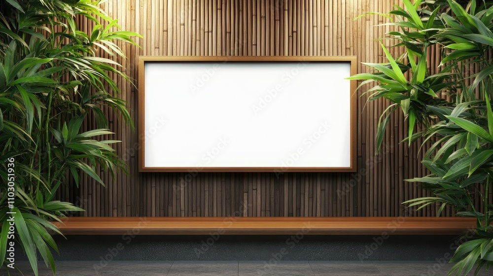 Empty advertising billboard framed by lush bamboo leaves, set on a wooden shelf, ideal for product display and marketing promotions. Empty advertising billboard framed by lush bamboo leaves, set on a wooden shelf, ideal for product display and marketing promotions.