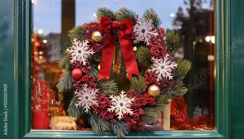 お店のドアに飾られた赤いリボンのついたクリスマスリース。AIで生成 photo