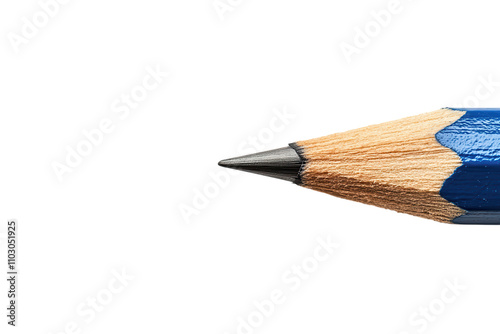 Crafting with precision, a close-up of a sharpened blue pencil rests on a blank white surface ready for creativity