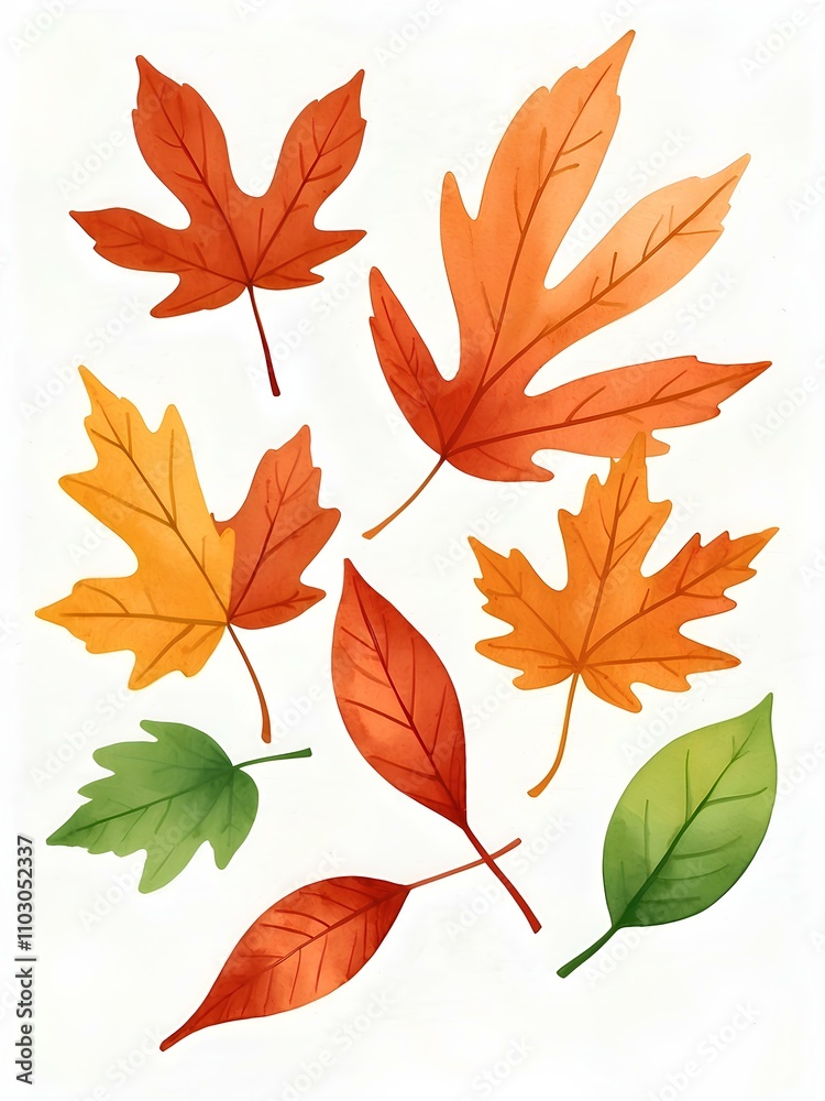 Naklejka premium Watercolor Autumn Leaves Clipart, Fall Leaves, Leaf Illustrations, Digital Download, Maple leaf, Thanksgiving card decoration, Autumn Foliage, white background, invitation, wall art, sublimation 