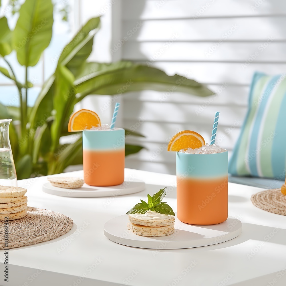 Fototapeta premium Stylishly arranged snacks and beverages designed for a family gathering, artistically positioned on a white table, with an emphasis on color contrast and texture to attract attention. Product