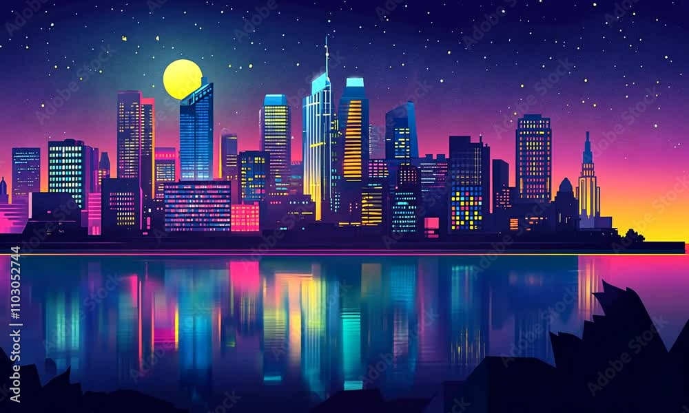 A vibrant city skyline at night with a full moon and colorful ...