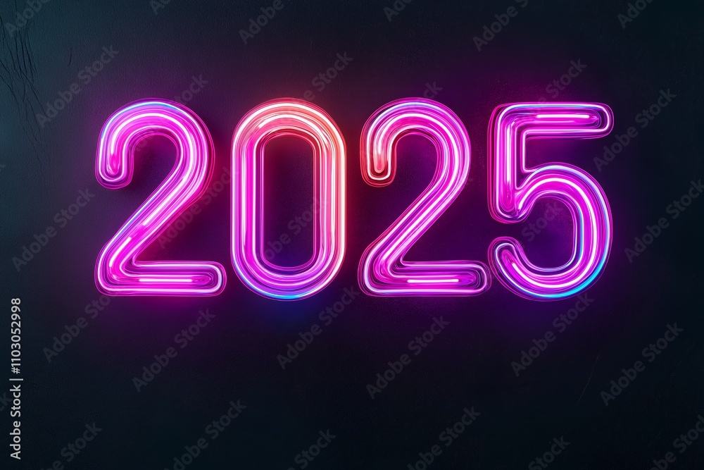 Neon sign displaying the year 2025 in vibrant colors against a dark background. Neon sign displaying the year 2025 in vibrant colors against a dark background.