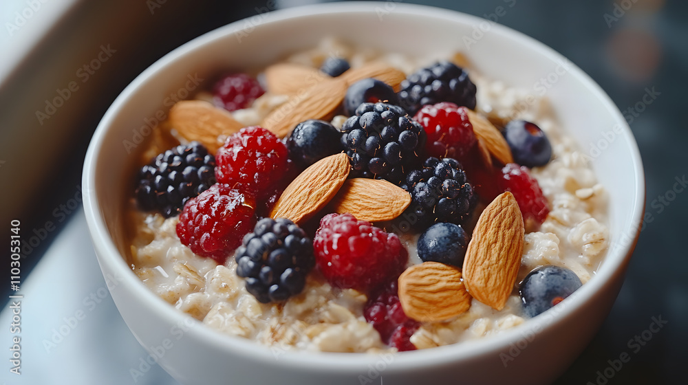 Bowl of oatmeal topped with almonds, Berries, and Honey Bowl of oatmeal topped with almonds, Berries, and Honey